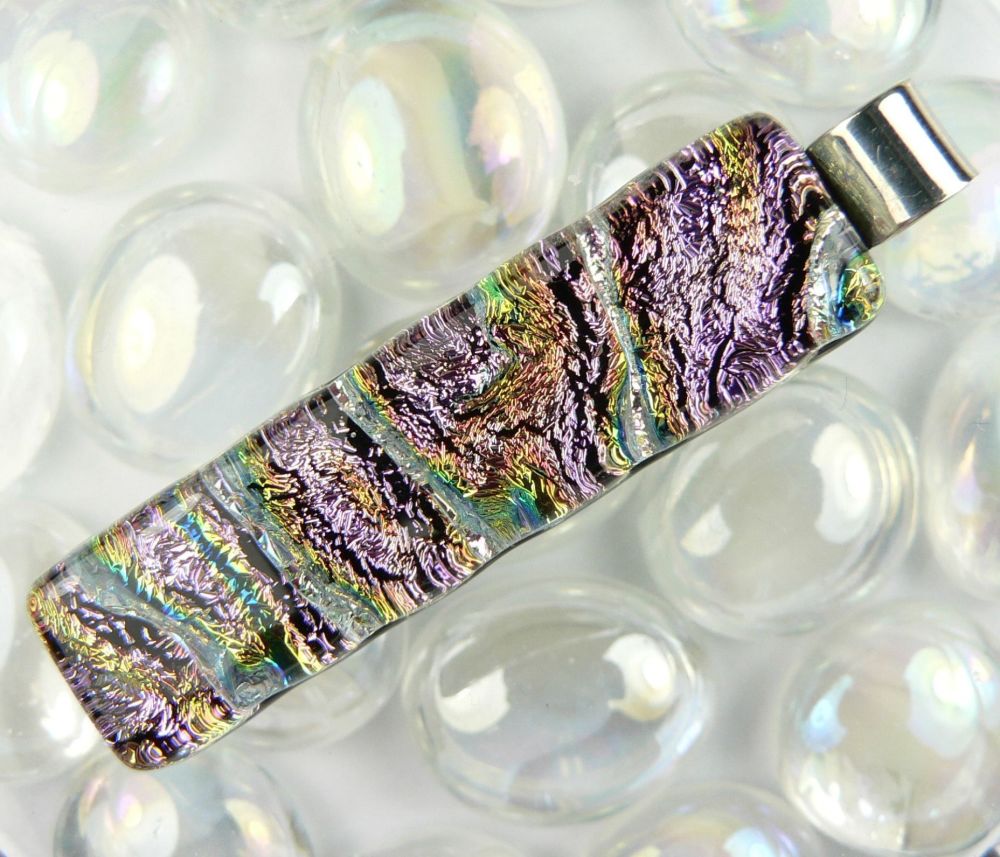 4.9cm multi-coloured sterling silver Dichroic glass pendant, with leather cord & gift box (#10892)