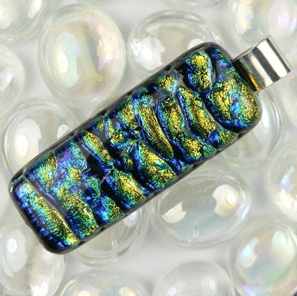 4.6cm multi-coloured sterling silver Dichroic glass pendant, with leather cord & gift box (#10948)