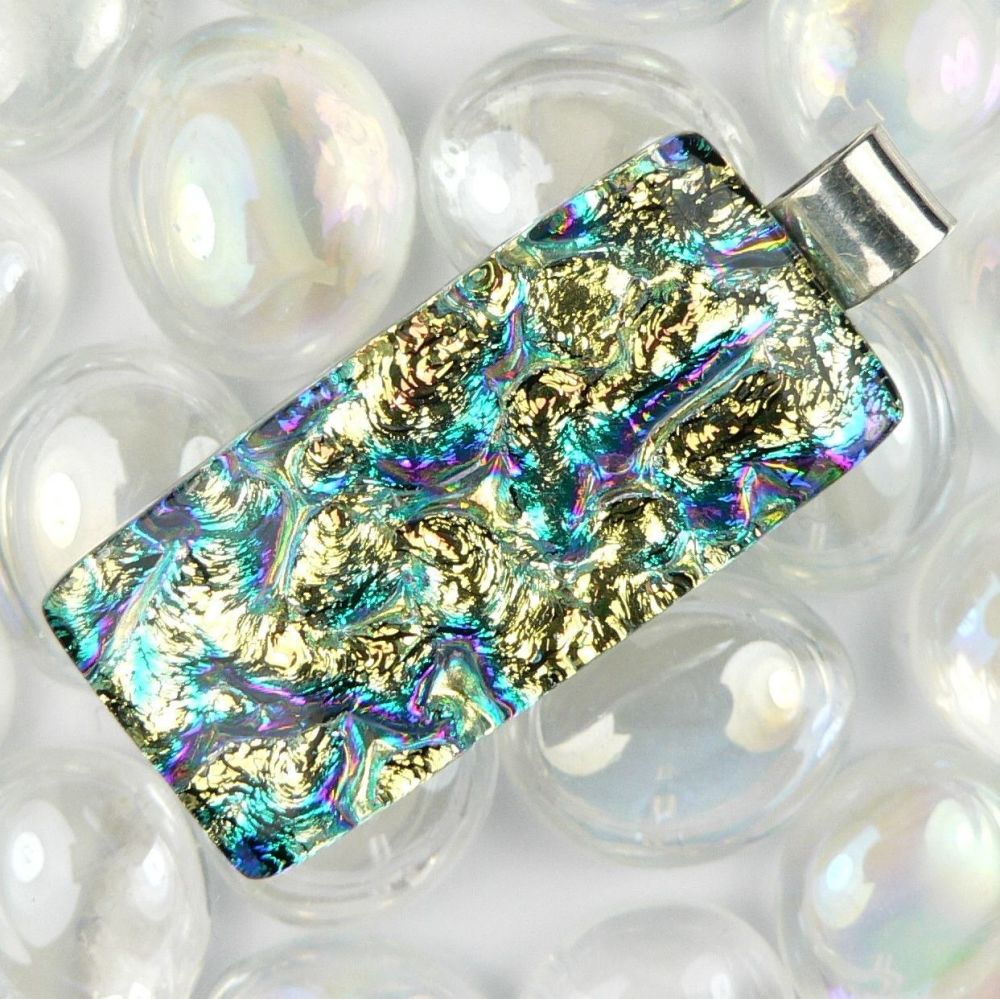 4.2cm multi-coloured sterling silver Dichroic glass pendant, with leather cord & gift box (#10993)