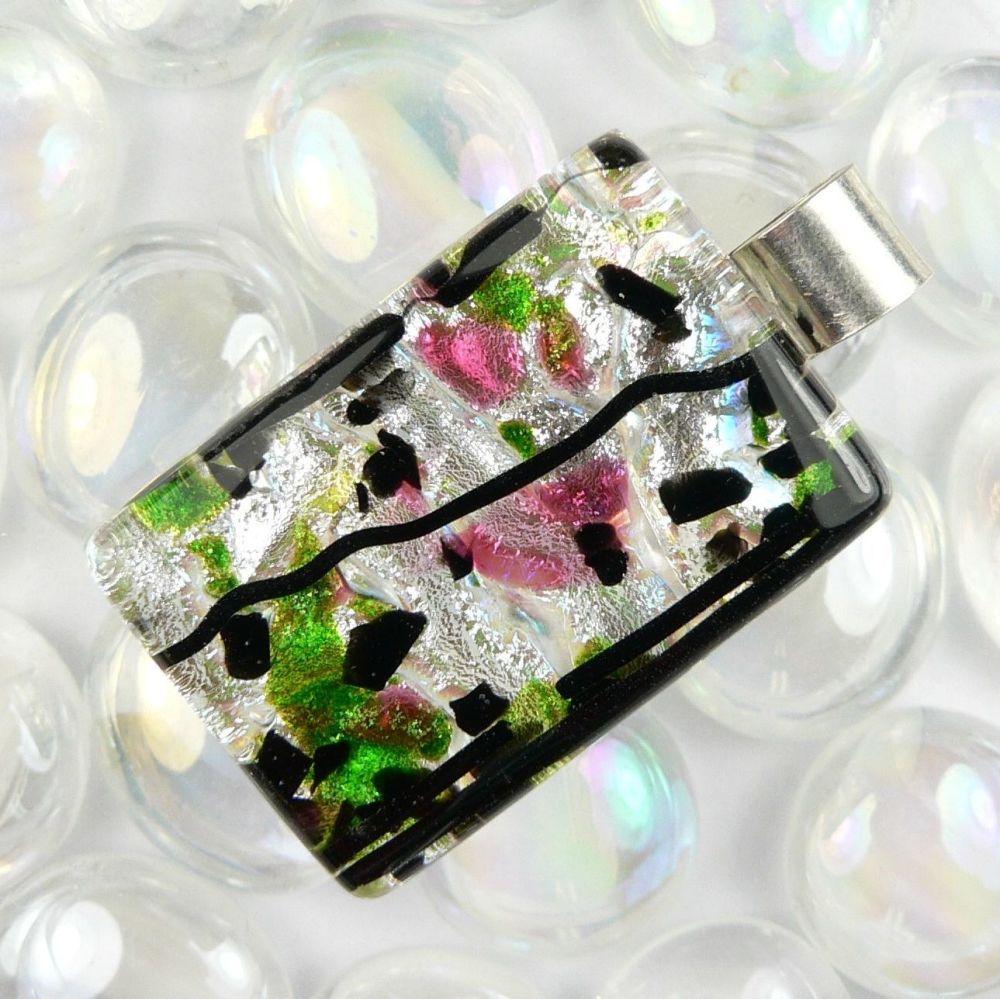 3.8cm multi-coloured sterling silver Dichroic glass pendant, with leather cord & gift box (#20278)