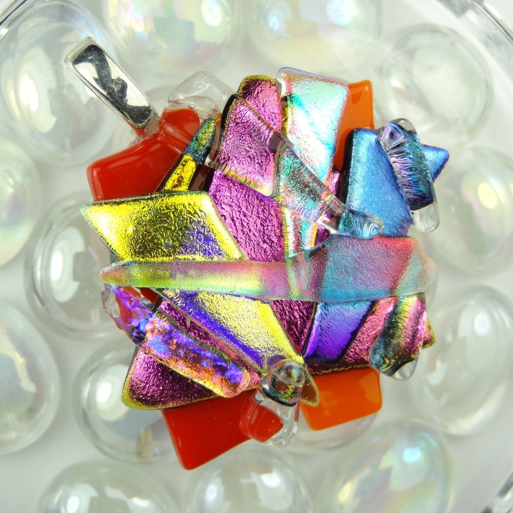 4.8cm textured, multi-coloured, dichroic glass pendant, with leather cord & gift box (#30069)