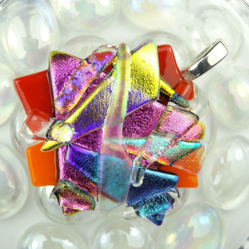 4.8cm textured, multi-coloured, dichroic glass pendant, with leather cord & gift box (#30069)