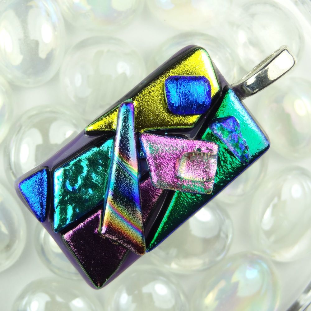 4.8cm multi-coloured textured dichroic glass pendant, with leather cord & gift box (#30341)