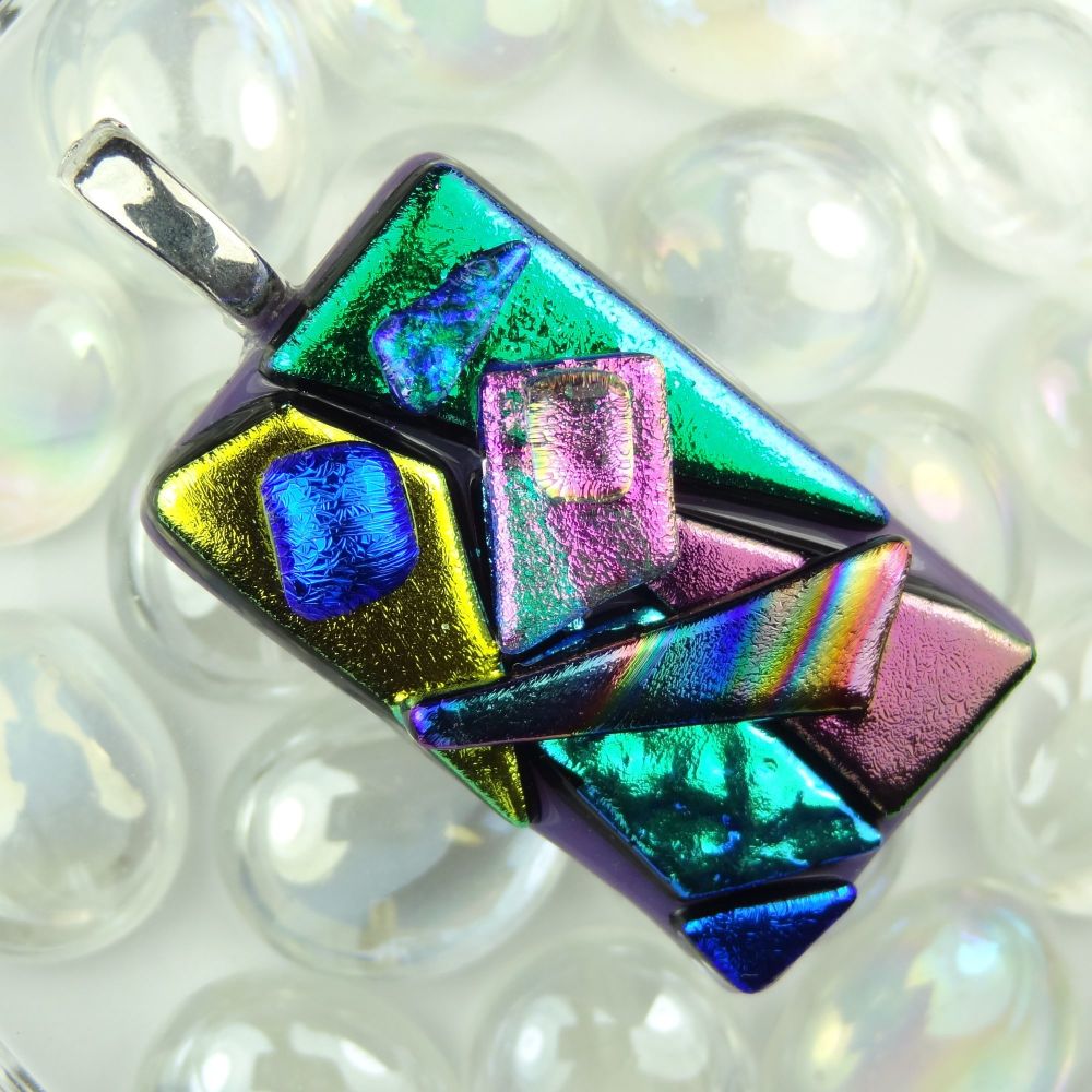 4.8cm multi-coloured textured dichroic glass pendant, with leather cord