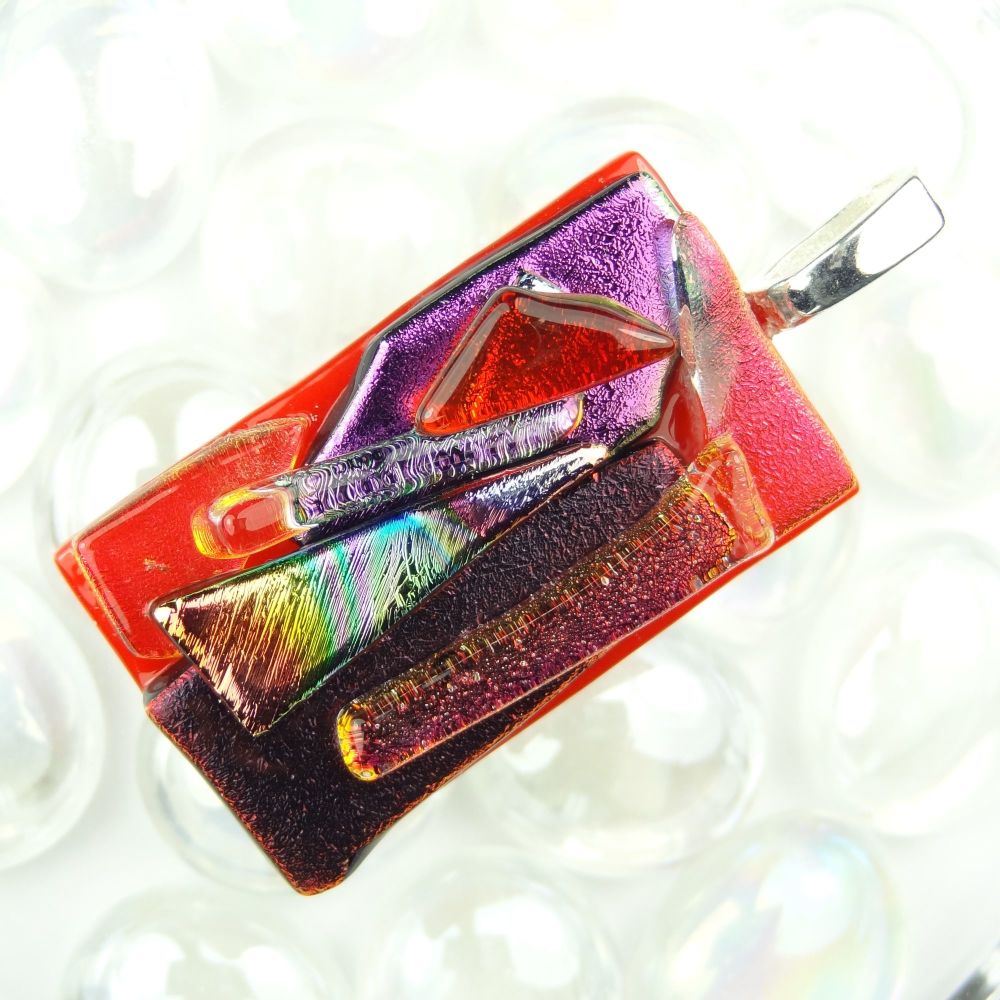 4.7cm multi-coloured textured dichroic glass pendant, with leather cord & gift box (#30507)