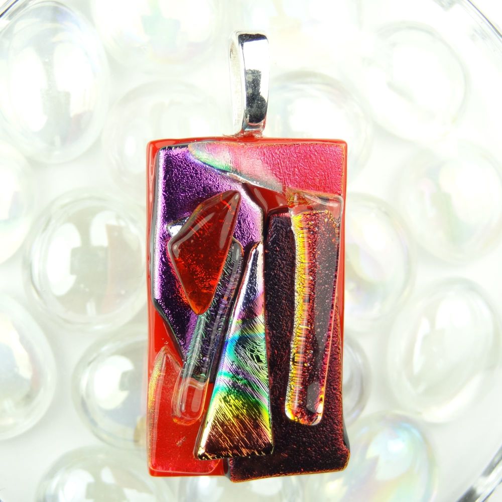 4.7cm multi-coloured textured dichroic glass pendant, with leather cord & gift box (#30507)