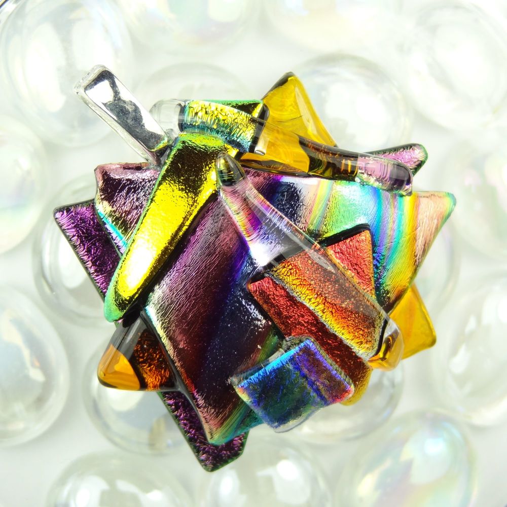 4.3cm textured, multi-coloured, dichroic glass pendant, with leather cord