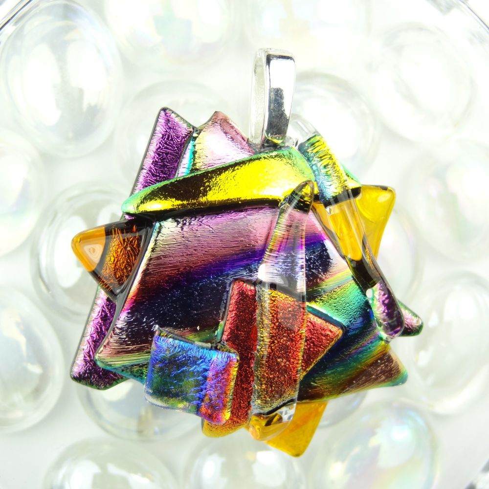 4.3cm textured, multi-coloured, dichroic glass pendant, with leather cord & gift box (#30215)