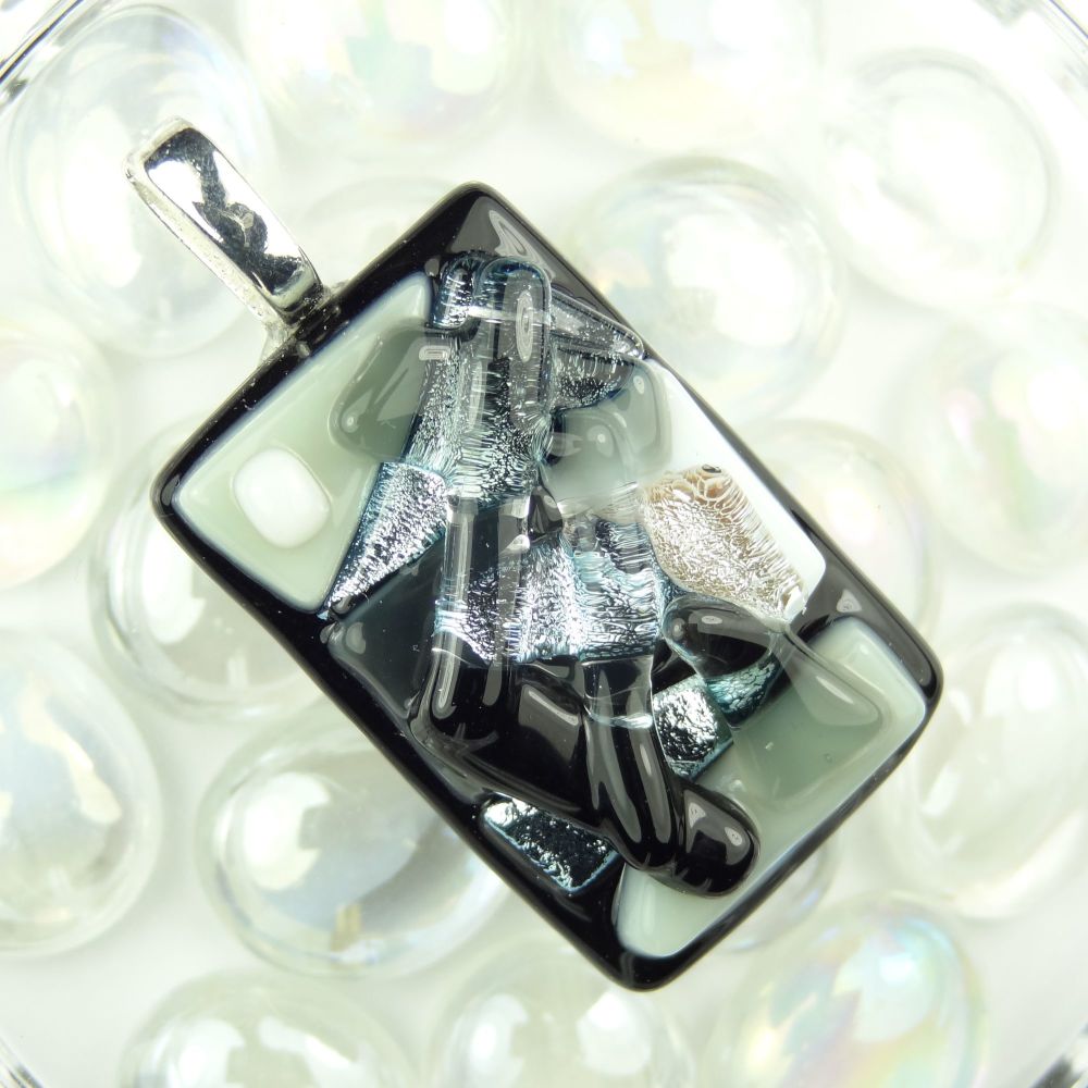 4.7cm monochrome textured dichroic glass pendant, with leather cord & gift box (#30192)