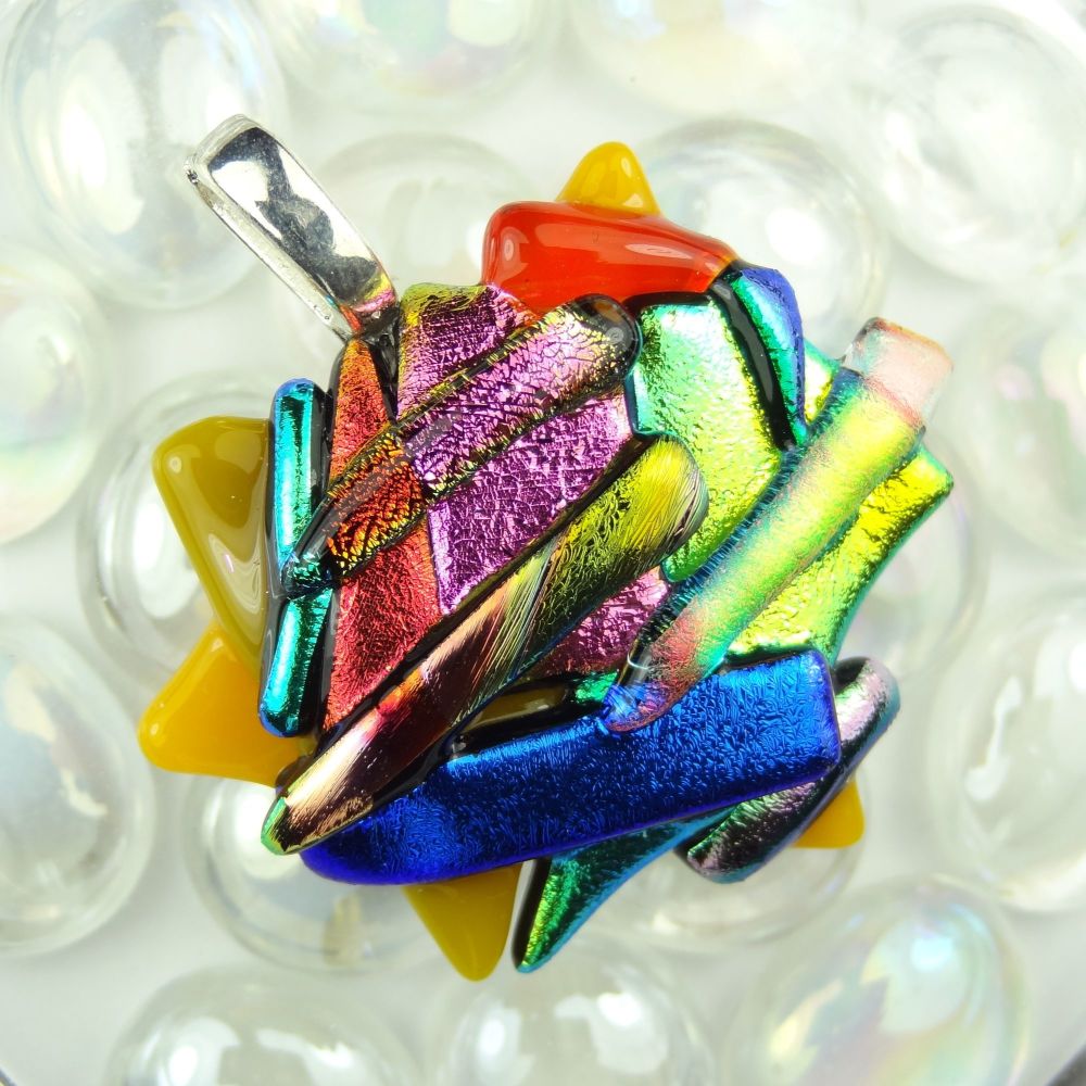 4.4cm textured, multi-coloured, dichroic glass pendant, with leather cord & gift box (#30270)