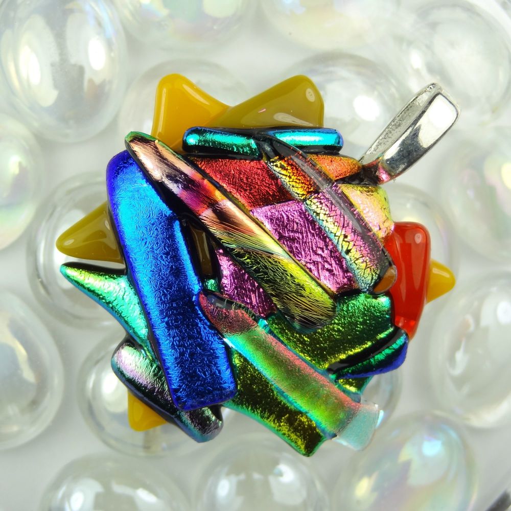 4.4cm textured, multi-coloured, dichroic glass pendant, with leather cord & gift box (#30270)