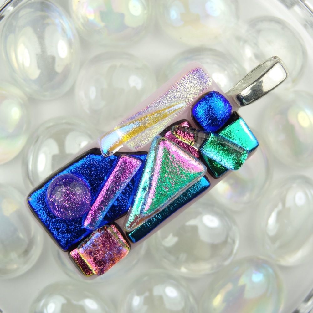 4.9cm multi-coloured textured dichroic glass pendant, with leather cord & gift box (#30091)