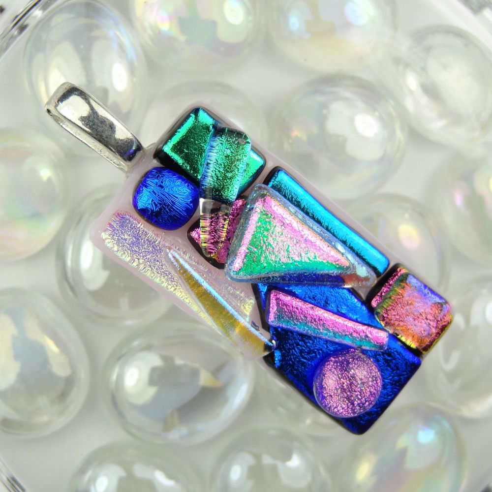 4.9cm multi-coloured textured dichroic glass pendant, with leather cord & gift box (#30091)