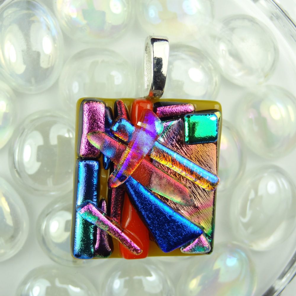 3.9cm multi-coloured textured dichroic glass pendant, with leather cord & gift box (#30311)