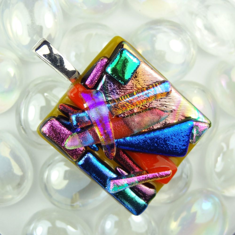 3.9cm multi-coloured textured dichroic glass pendant, with leather cord & gift box (#30311)