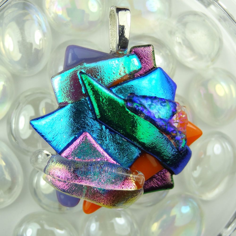 4.6cm textured, multi-coloured, dichroic glass pendant, with leather cord & gift box (#30358)