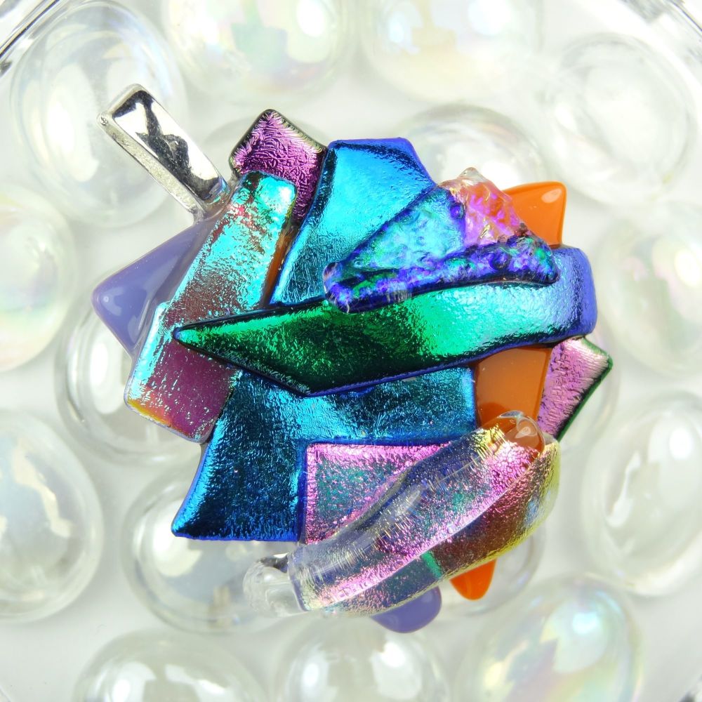 4.6cm textured, multi-coloured, dichroic glass pendant, with leather cord & gift box (#30358)