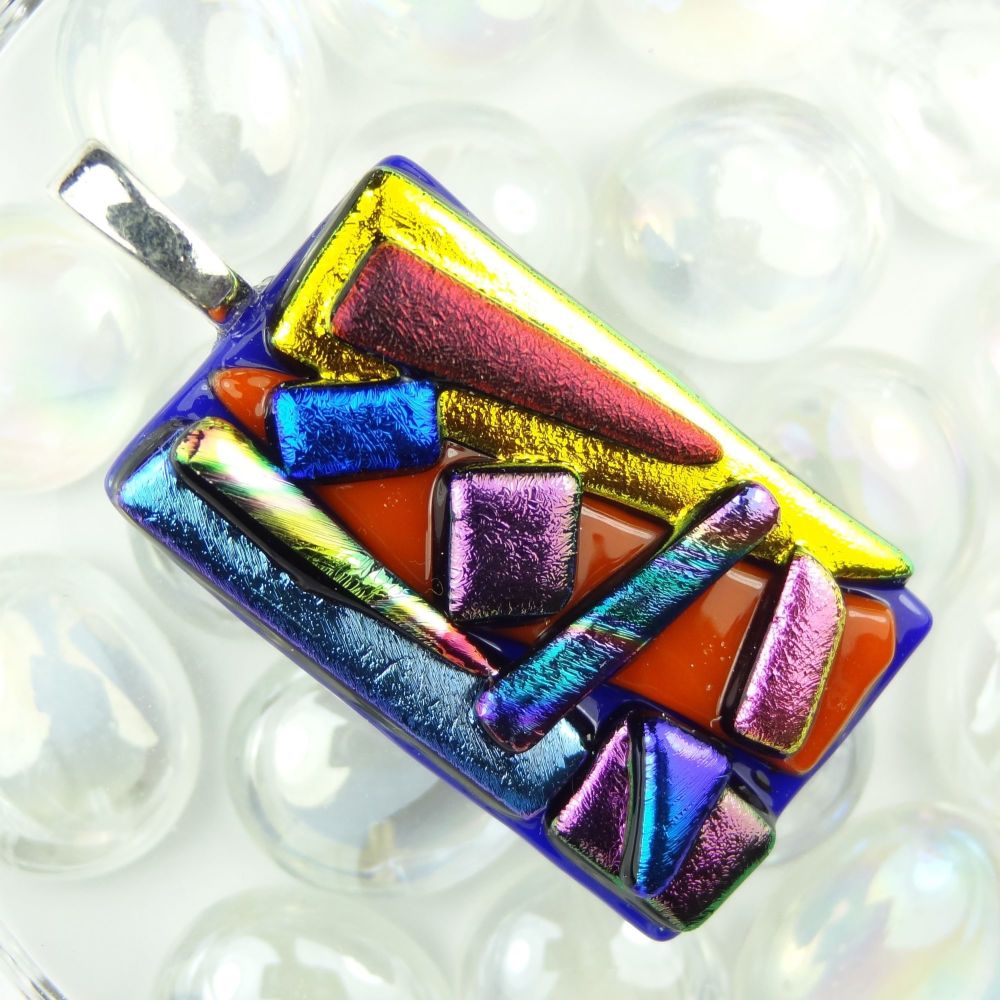 4.7cm multi-coloured textured dichroic glass pendant, with leather cord & gift box (#30442)