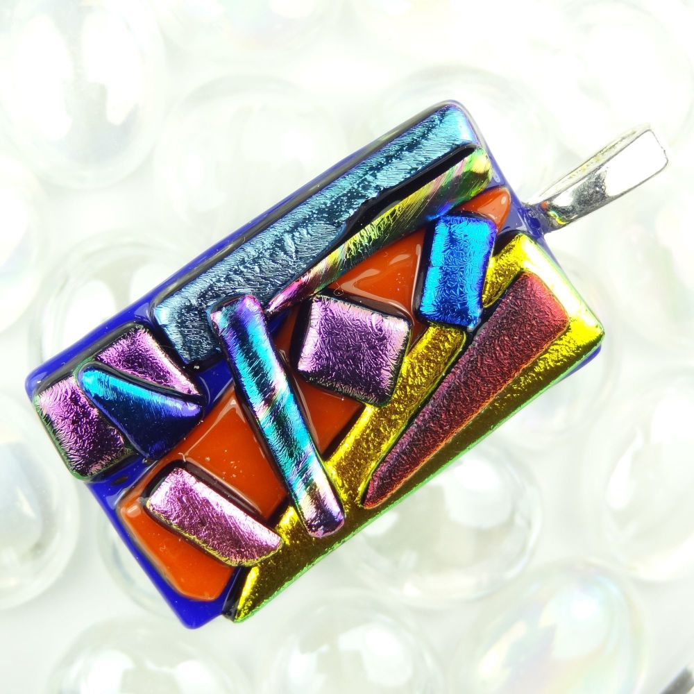 4.7cm multi-coloured textured dichroic glass pendant, with leather cord & gift box (#30442)