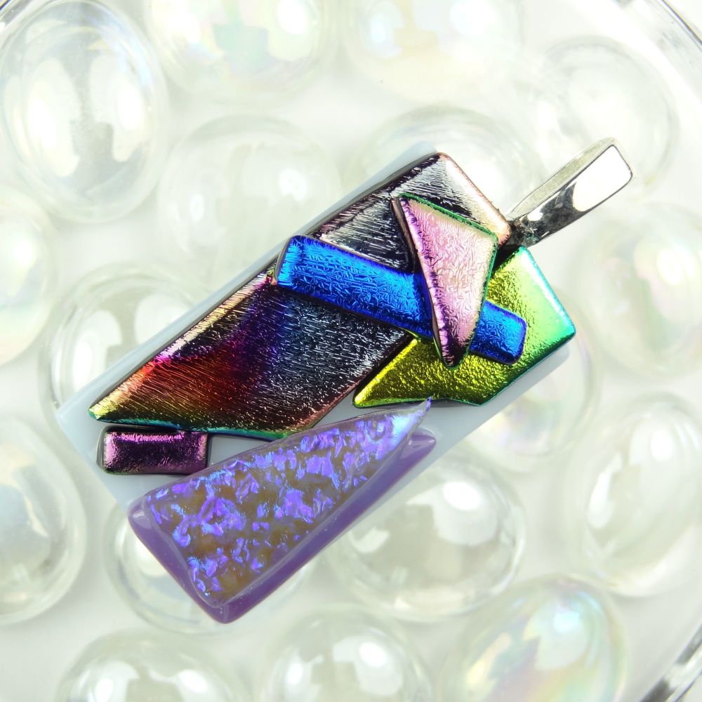 4.5cm multi-coloured textured dichroic glass pendant, with leather cord & gift box (#30059)