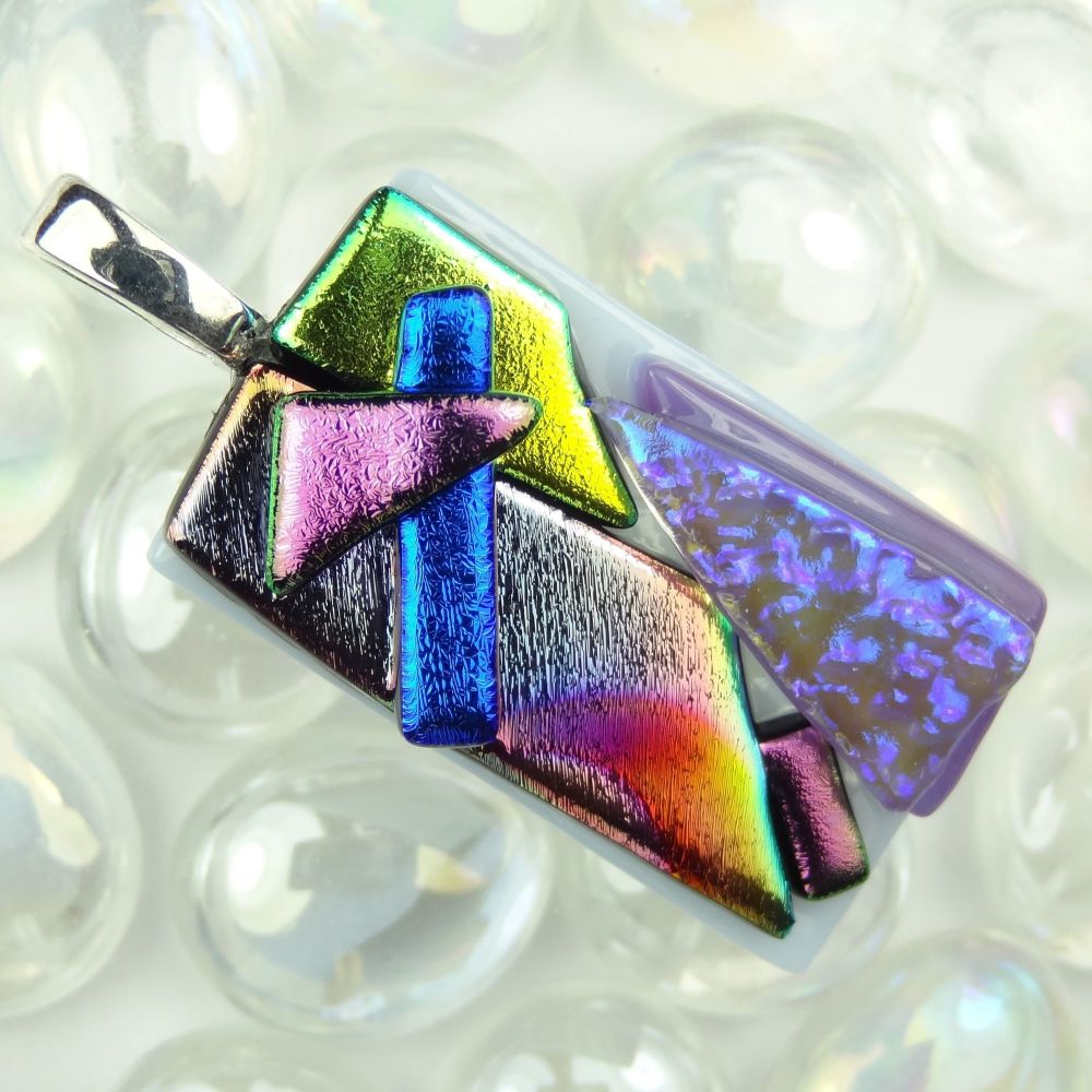 4.5cm multi-coloured textured dichroic glass pendant, with leather cord