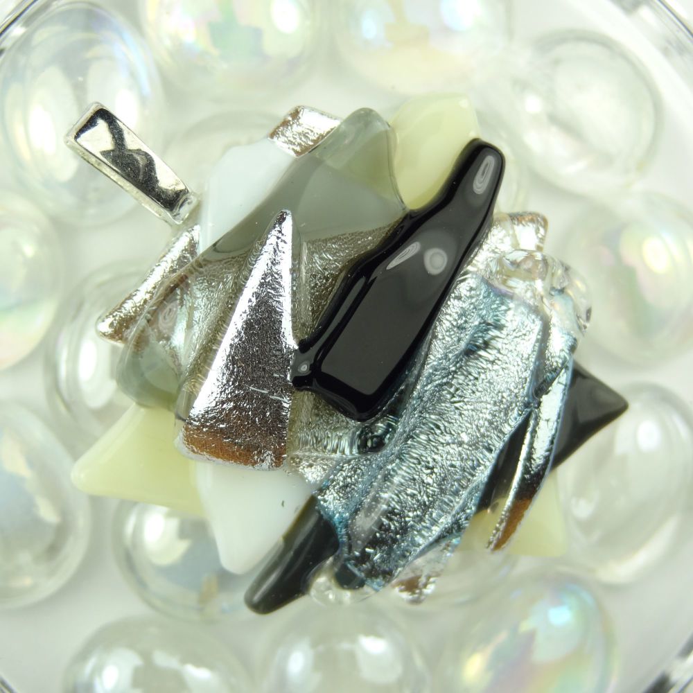 5cm monochrome textured Dichroic glass pendant, with leather cord & gift box (#30566)