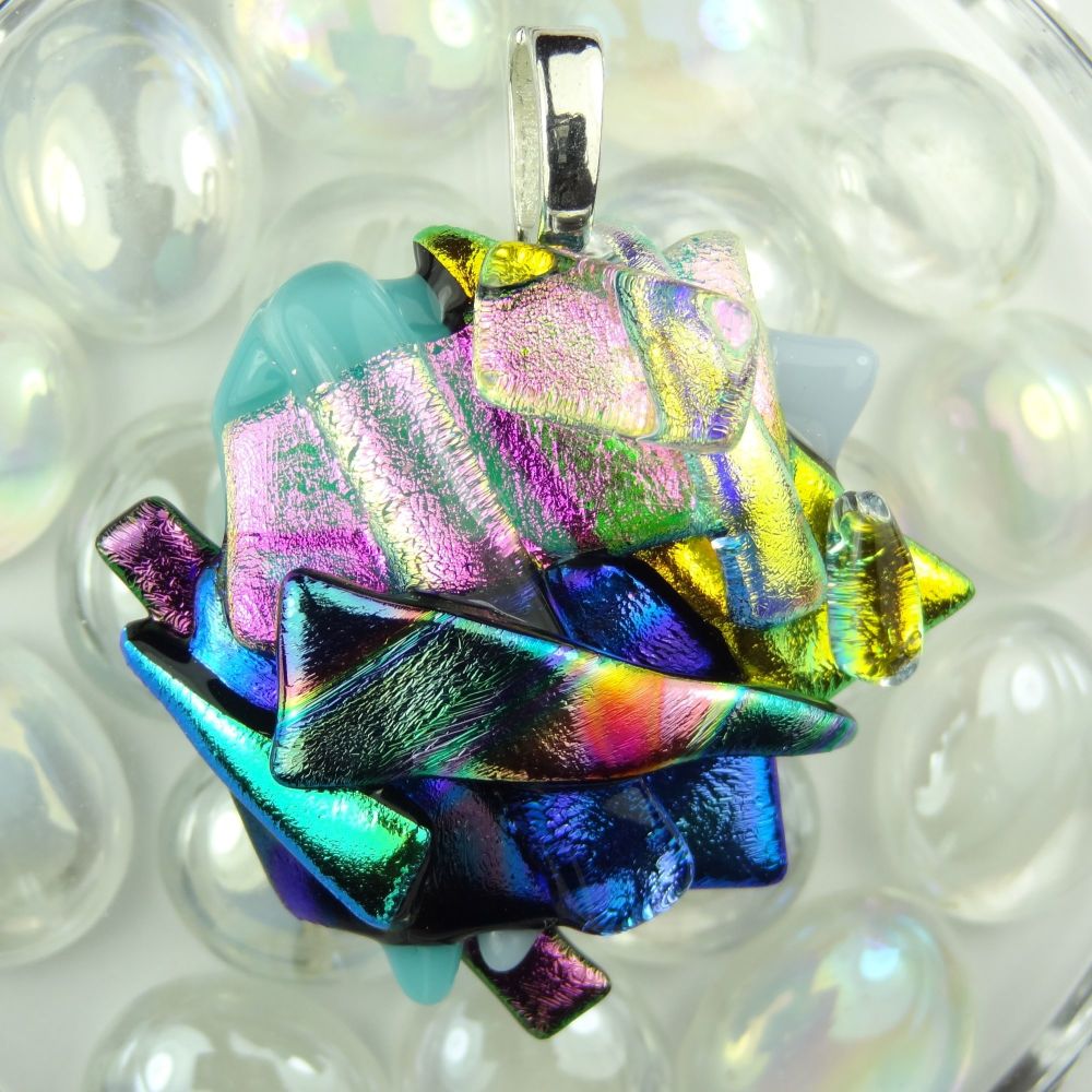 4.8cm textured, multi-coloured, dichroic glass pendant, with leather cord & gift box (#30335)