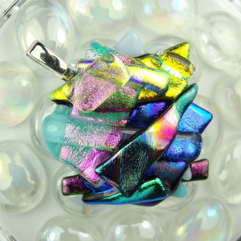 4.8cm textured, multi-coloured, dichroic glass pendant, with leather cord