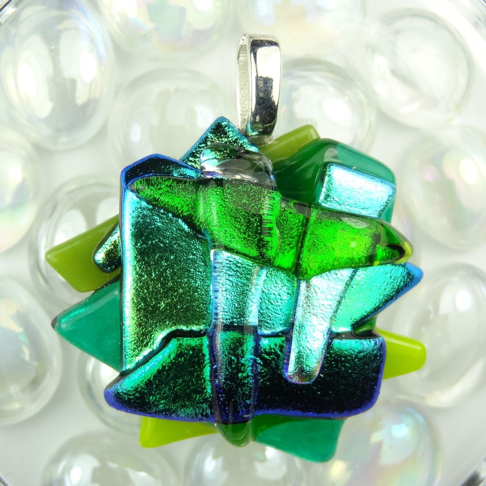 4.5cm shades of green textured Dichroic glass pendant, with leather cord & gift box (#30083)