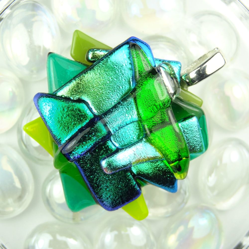 4.5cm shades of green textured Dichroic glass pendant, with leather cord