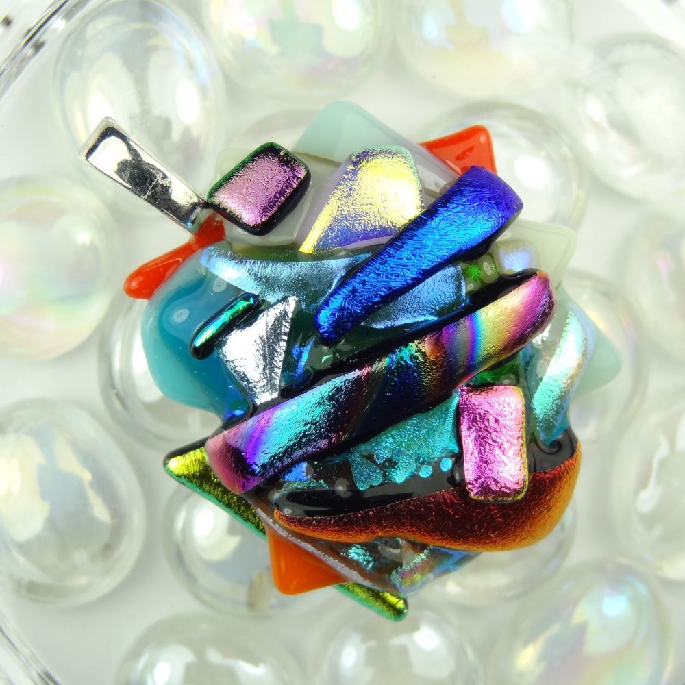 4.6cm textured, multi-coloured, dichroic glass pendant, with leather cord & gift box (#30353)