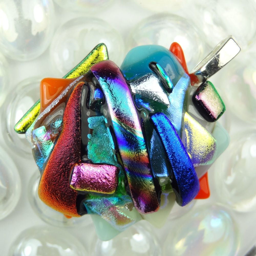 4.6cm textured, multi-coloured, dichroic glass pendant, with leather cord