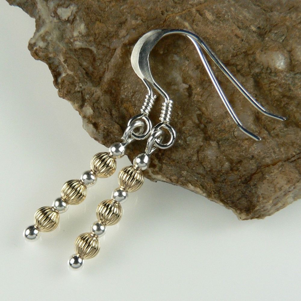 Sterling silver & 14K gold filled fluted & smooth bead drop earrings, in a gift box (8954)