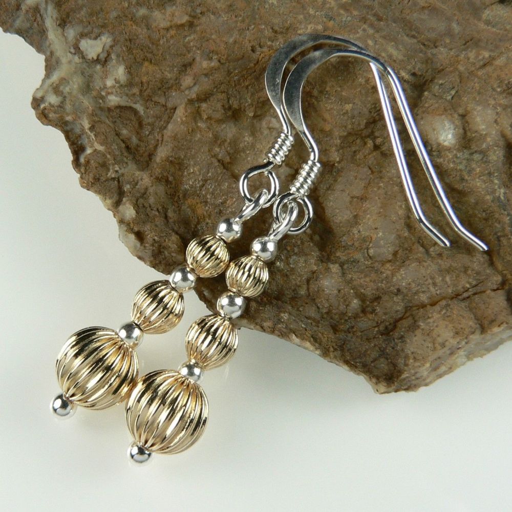 Sterling silver & 14K gold filled fluted and smooth bead drop earrings