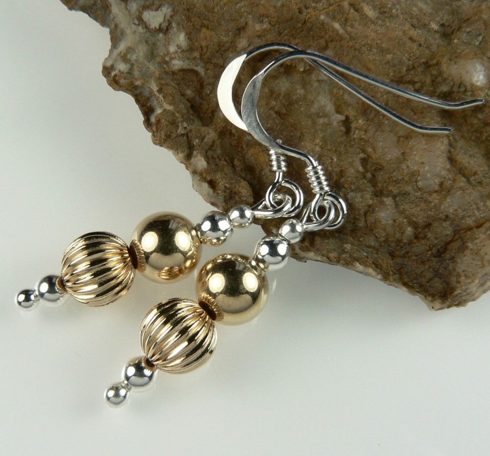 Sterling silver & 14K gold filled fluted and smooth bead drop earrings, in a gift box (8973)