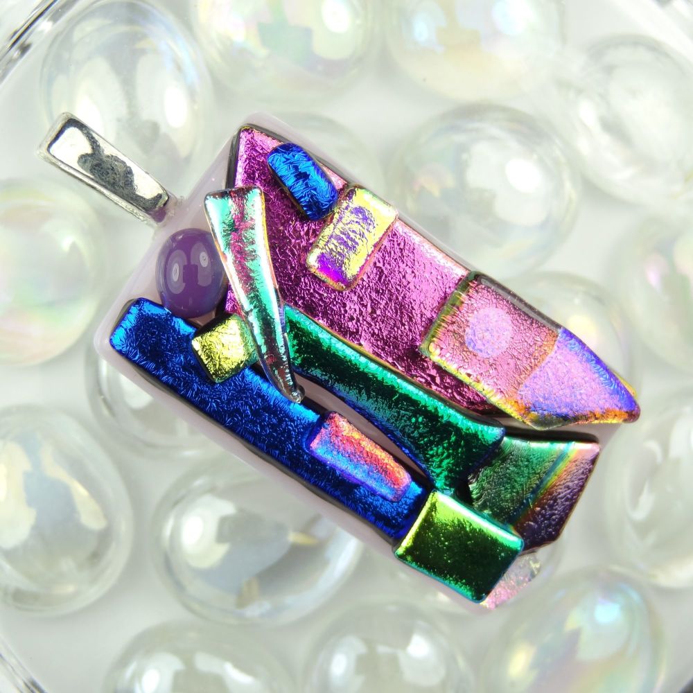 4.8cm multi-coloured textured dichroic glass pendant, with leather cord & gift box (#30275)