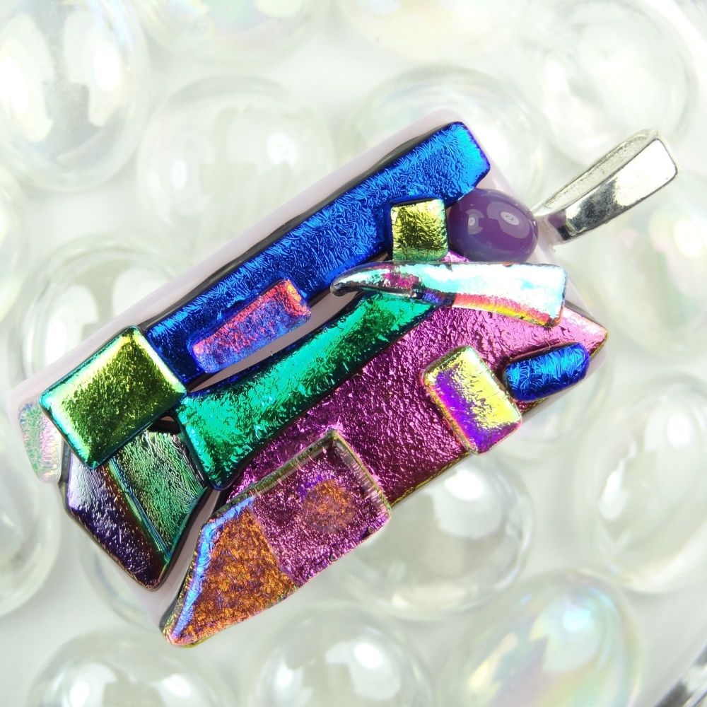 4.8cm multi-coloured textured dichroic glass pendant, with leather cord & gift box (#30275)