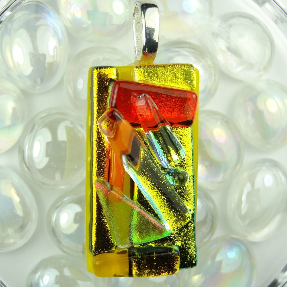 5cm orange/yellow/gold textured Dichroic glass pendant, with leather cord & gift box (#30012)