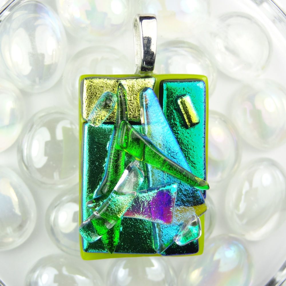 4.5cm shades of green textured Dichroic glass pendant, with leather cord & gift box (#30281)