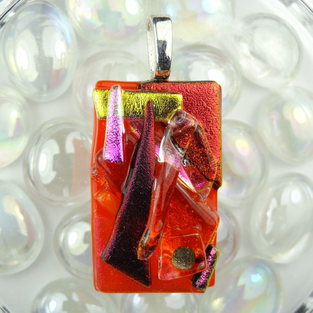 4.6cm multi-coloured textured dichroic glass pendant, with leather cord & gift box (#30111)