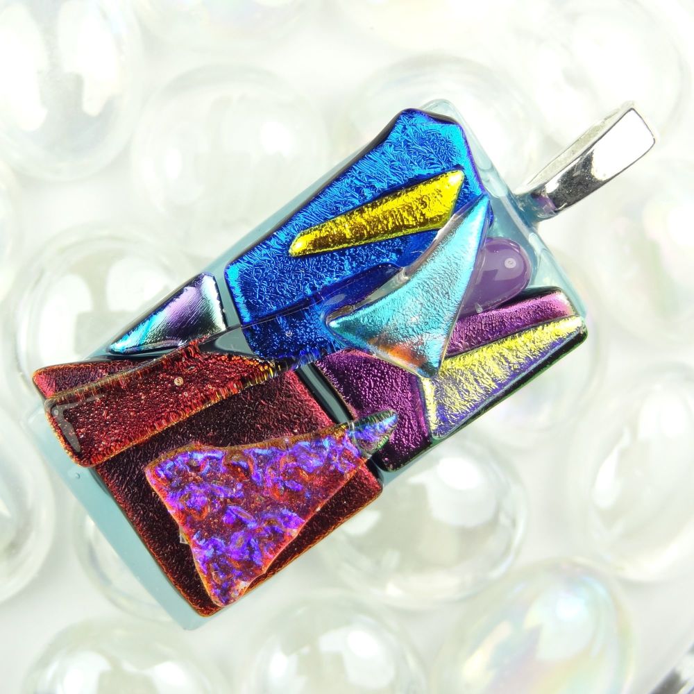 4.7cm multi-coloured textured dichroic glass pendant, with leather cord & gift box (#30280)