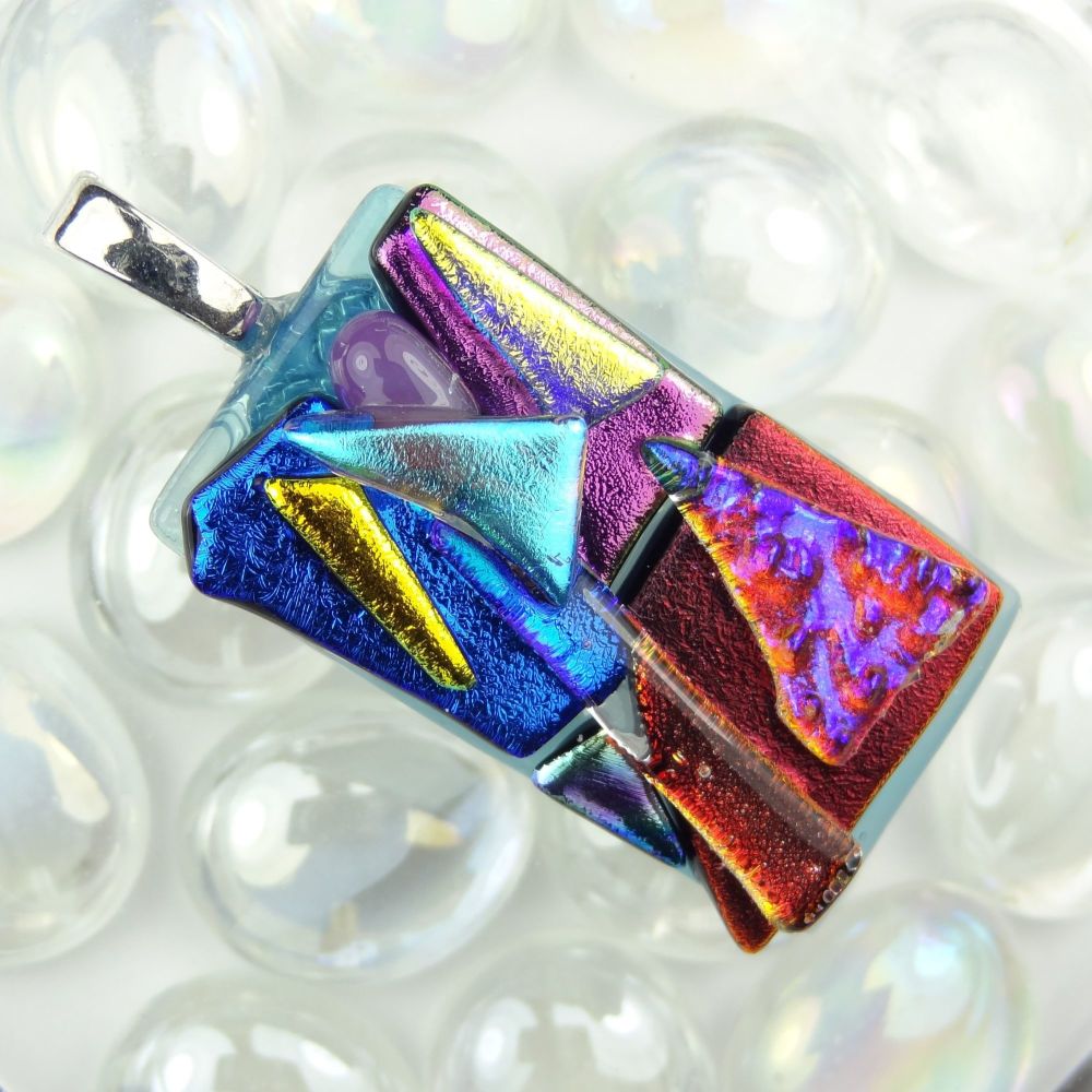 4.7cm multi-coloured textured dichroic glass pendant, with leather cord