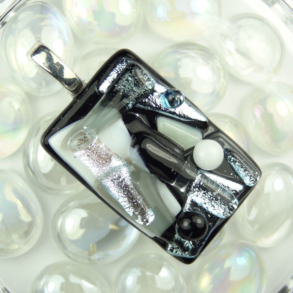 4.7cm monochrome textured dichroic glass pendant, with leather cord & gift box (#30191)