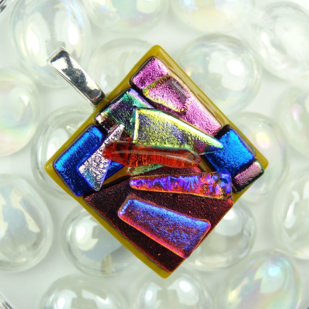 3.8cm multi-coloured textured dichroic glass pendant, with leather cord & gift box (#30234)