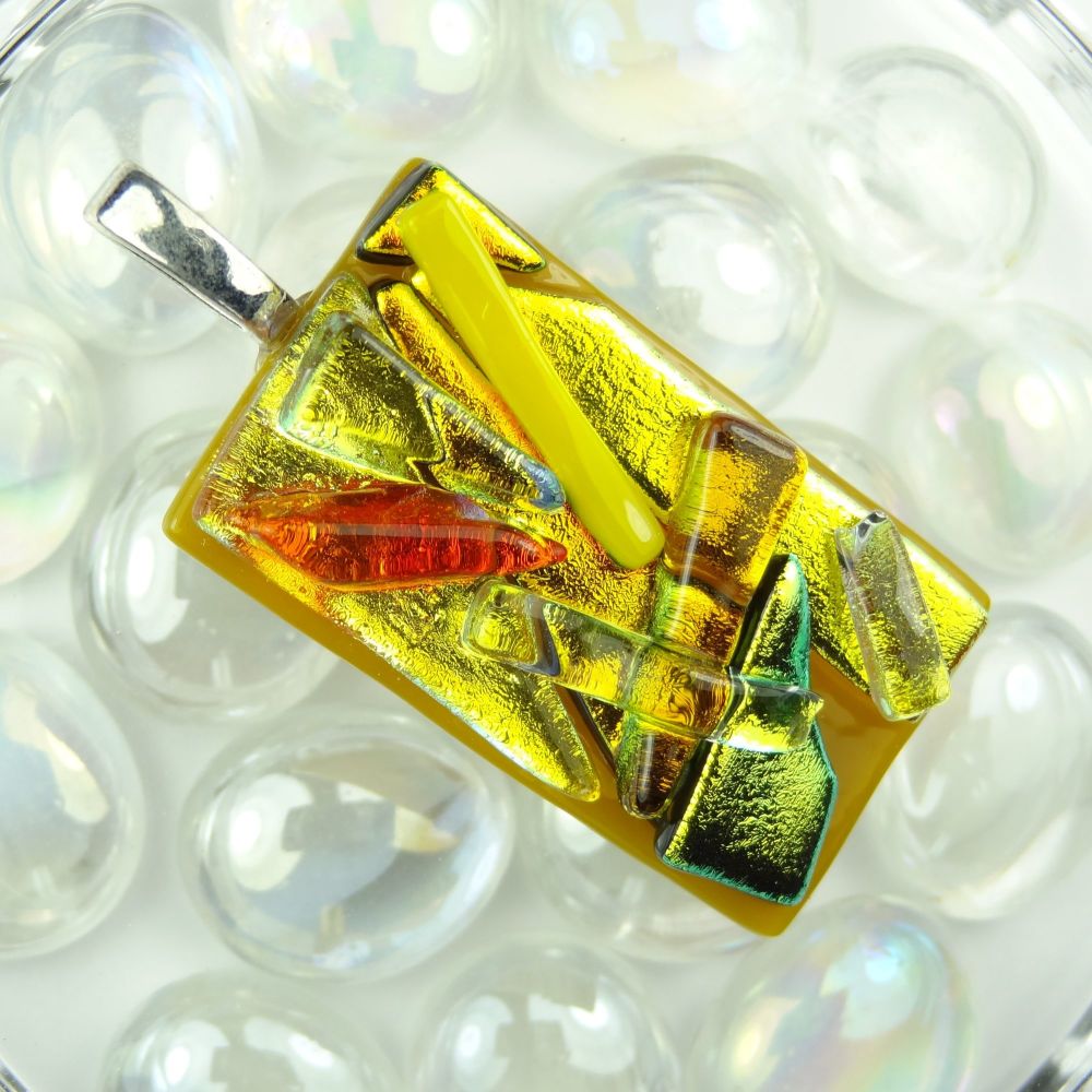 4.8cm orange/yellow/gold textured Dichroic glass pendant, with leather cord & gift box (#30475)