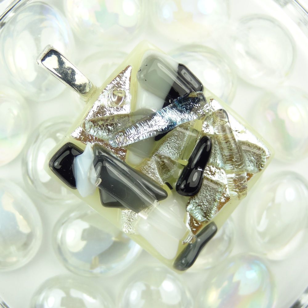 4.2cm monochrome textured dichroic glass pendant, with leather cord