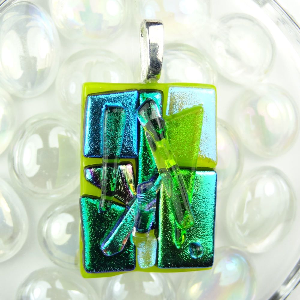 4.4cm shades of green textured Dichroic glass pendant, with leather cord & gift box (#30123)