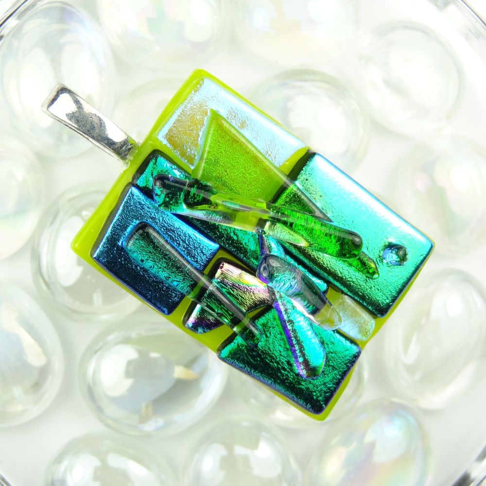 4.4cm shades of green textured Dichroic glass pendant, with leather cord