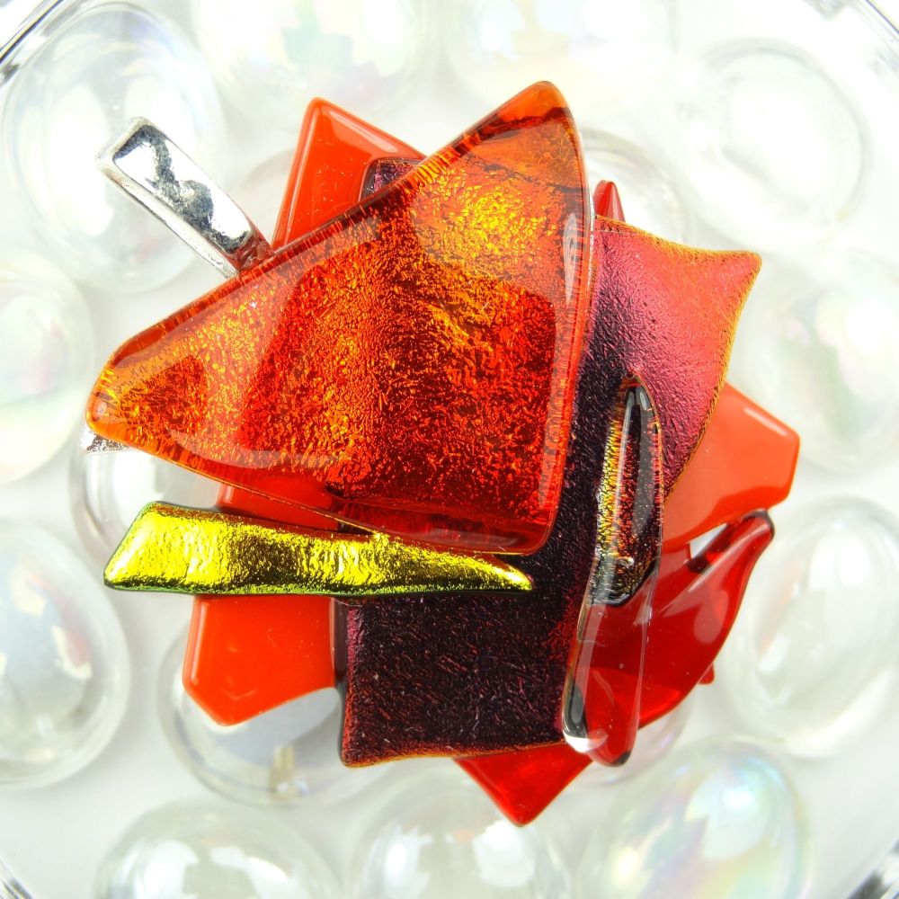 4.8cm textured, red & gold, dichroic glass pendant, with leather cord