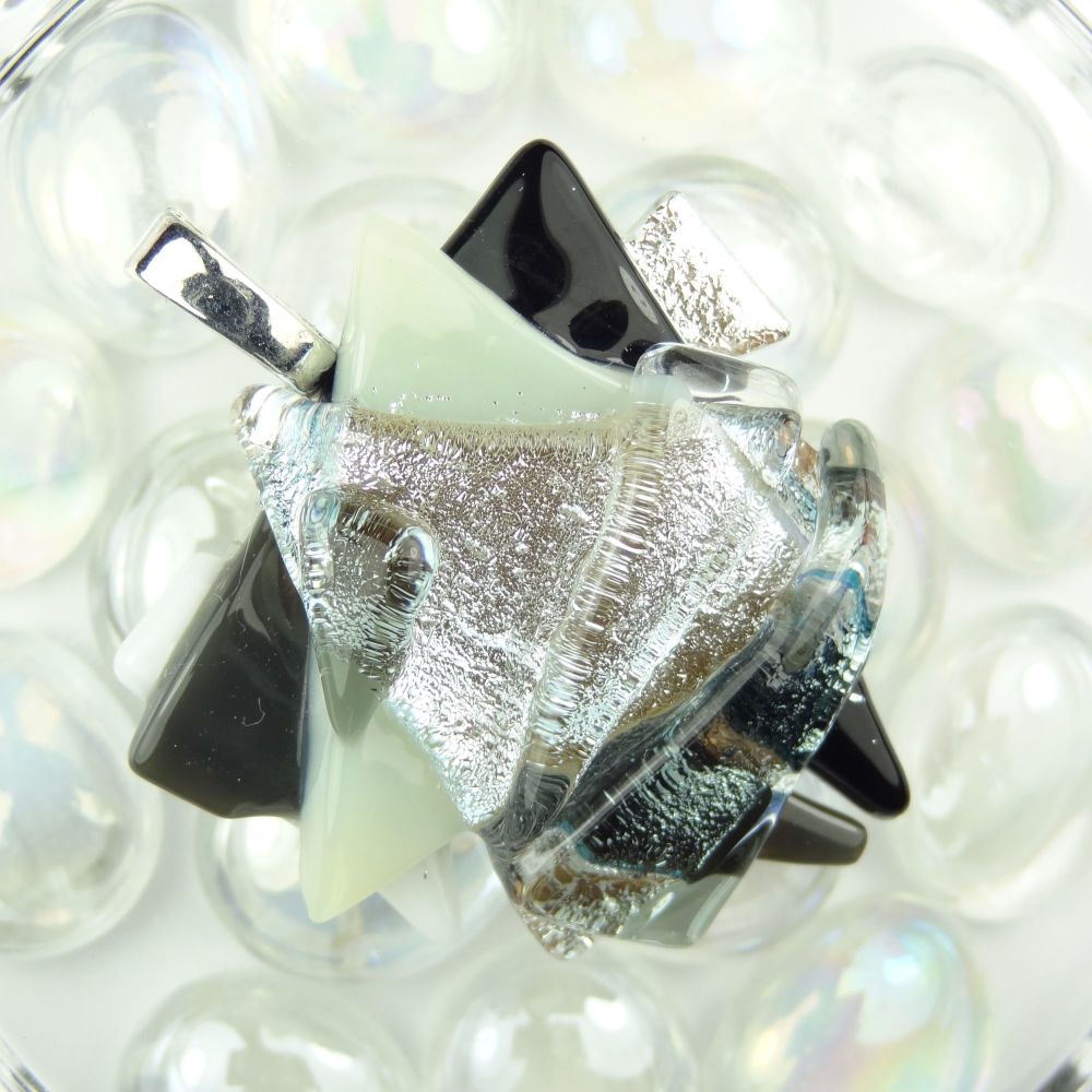 4.6cm monochrome textured Dichroic glass pendant, with leather cord